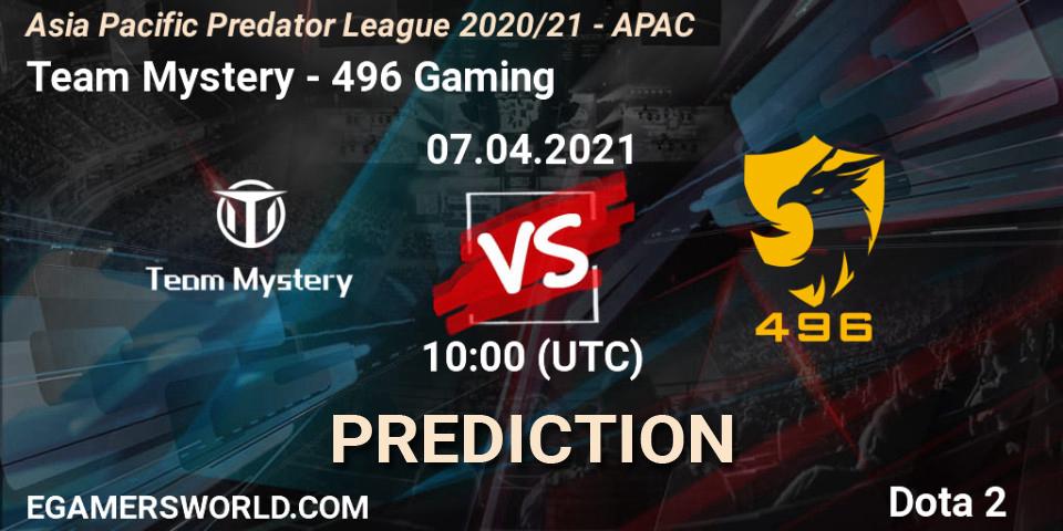 Prognose für das Spiel Team Mystery VS 496 Gaming. 07.04.2021 at 10:55. Dota 2 - Asia Pacific Predator League 2020/21 - APAC