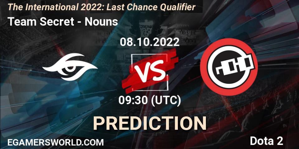 Prognose für das Spiel Team Secret VS Nouns. 08.10.2022 at 09:42. Dota 2 - The International 2022: Last Chance Qualifier