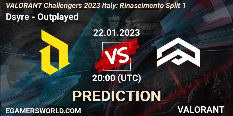 Prognose für das Spiel Dsyre VS Outplayed. 22.01.2023 at 20:45. VALORANT - VALORANT Challengers 2023 Italy: Rinascimento Split 1