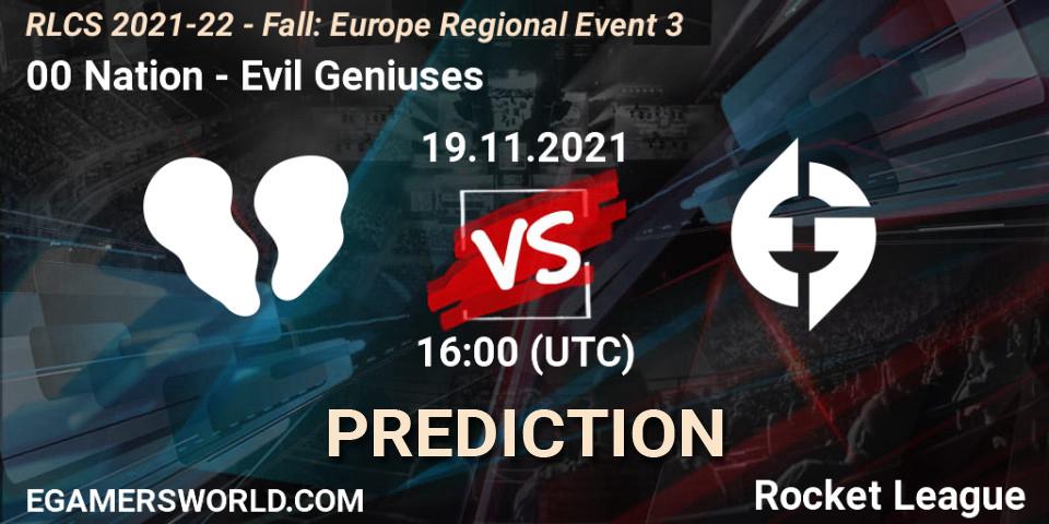 Prognose für das Spiel 00 Nation VS Evil Geniuses. 19.11.2021 at 16:00. Rocket League - RLCS 2021-22 - Fall: Europe Regional Event 3