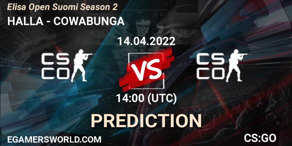 Prognose für das Spiel HALLA VS COWABUNGA. 14.04.2022 at 14:00. Counter-Strike (CS2) - Elisa Open Suomi Season 2