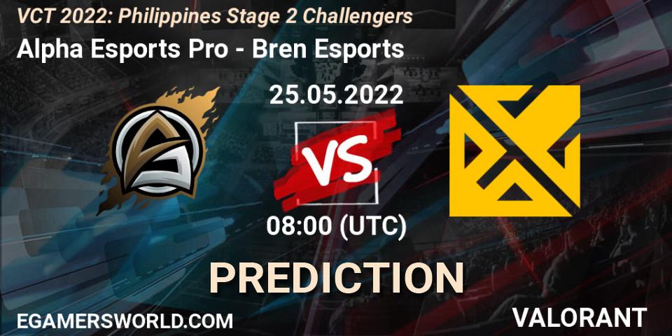 Prognose für das Spiel Alpha Esports Pro VS Bren Esports. 25.05.2022 at 07:30. VALORANT - VCT 2022: Philippines Stage 2 Challengers