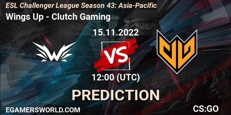 Prognose für das Spiel Wings Up VS Clutch Gaming. 15.11.2022 at 12:00. Counter-Strike (CS2) - ESL Challenger League Season 43: Asia-Pacific