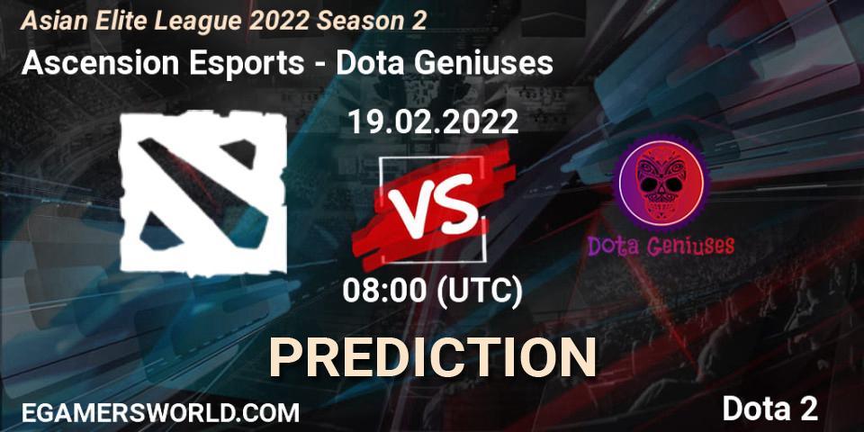 Prognose für das Spiel Ascension Esports VS Dota Geniuses. 19.02.2022 at 08:00. Dota 2 - Asian Elite League 2022 Season 2