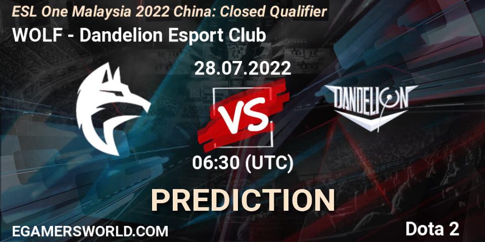 Prognose für das Spiel WOLF VS Dandelion Esport Club. 28.07.2022 at 06:33. Dota 2 - ESL One Malaysia 2022 China: Closed Qualifier