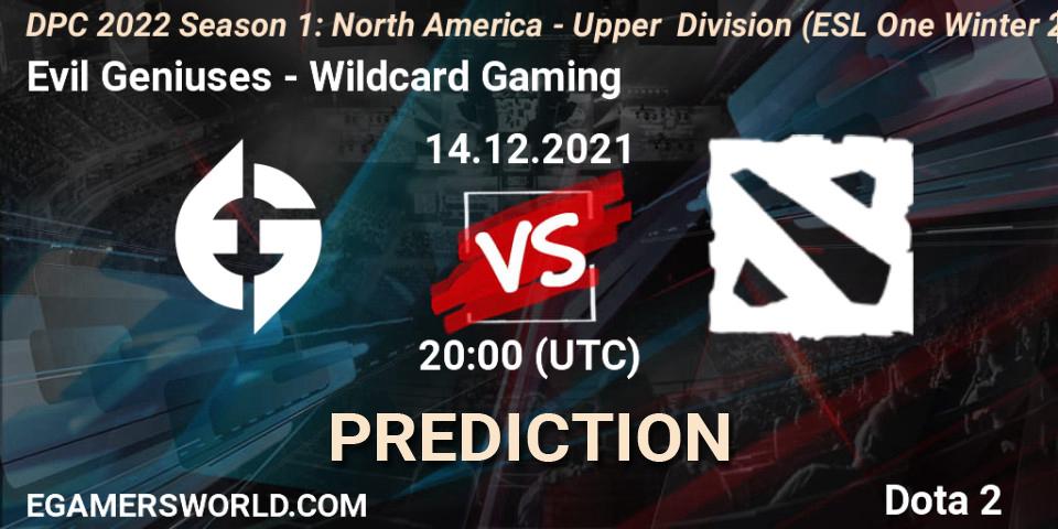 Prognose für das Spiel Evil Geniuses VS Wildcard Gaming. 14.12.2021 at 19:58. Dota 2 - DPC 2022 Season 1: North America - Upper Division (ESL One Winter 2021)