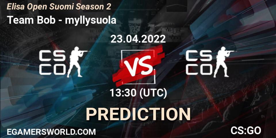 Prognose für das Spiel Team Bob VS myllysuola. 23.04.2022 at 13:30. Counter-Strike (CS2) - Elisa Open Suomi Season 2