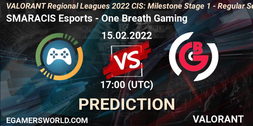Prognose für das Spiel SMARACIS Esports VS One Breath Gaming. 15.02.2022 at 17:00. VALORANT - VALORANT Regional Leagues 2022 CIS: Milestone Stage 1 - Regular Season