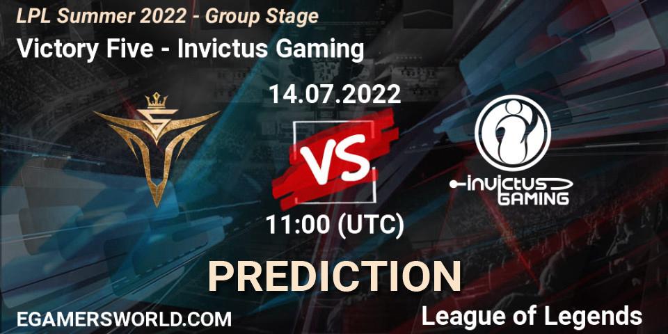 Prognose für das Spiel Victory Five VS Invictus Gaming. 14.07.2022 at 12:00. LoL - LPL Summer 2022 - Group Stage