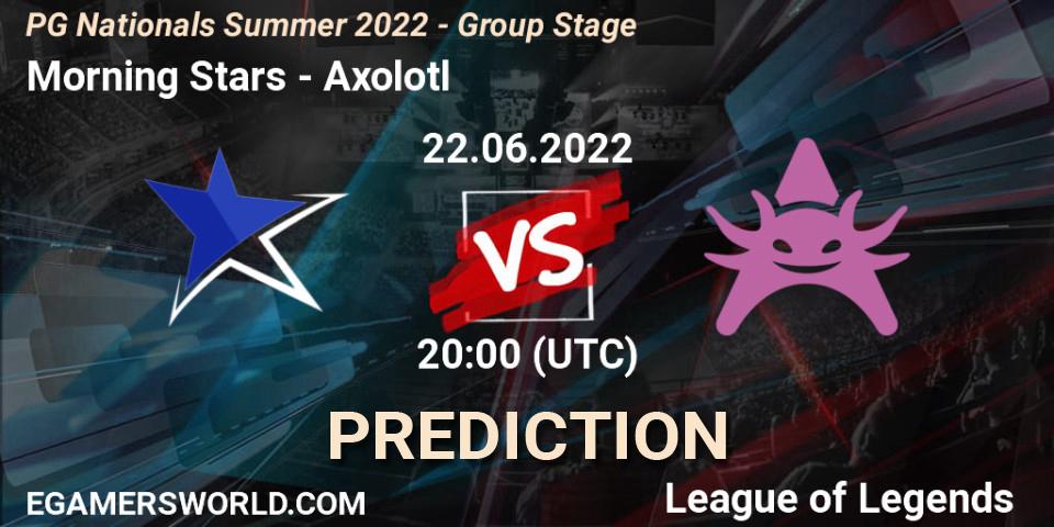 Prognose für das Spiel Morning Stars VS Axolotl. 22.06.2022 at 20:15. LoL - PG Nationals Summer 2022 - Group Stage