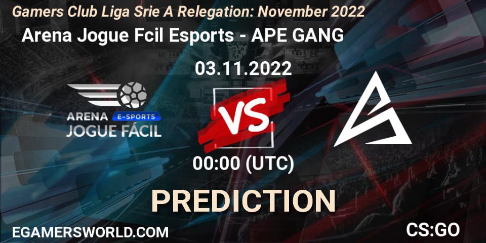 Prognose für das Spiel Arena Jogue Fácil Esports VS APE GANG. 03.11.2022 at 00:00. Counter-Strike (CS2) - Gamers Club Liga Série A Relegation: November 2022
