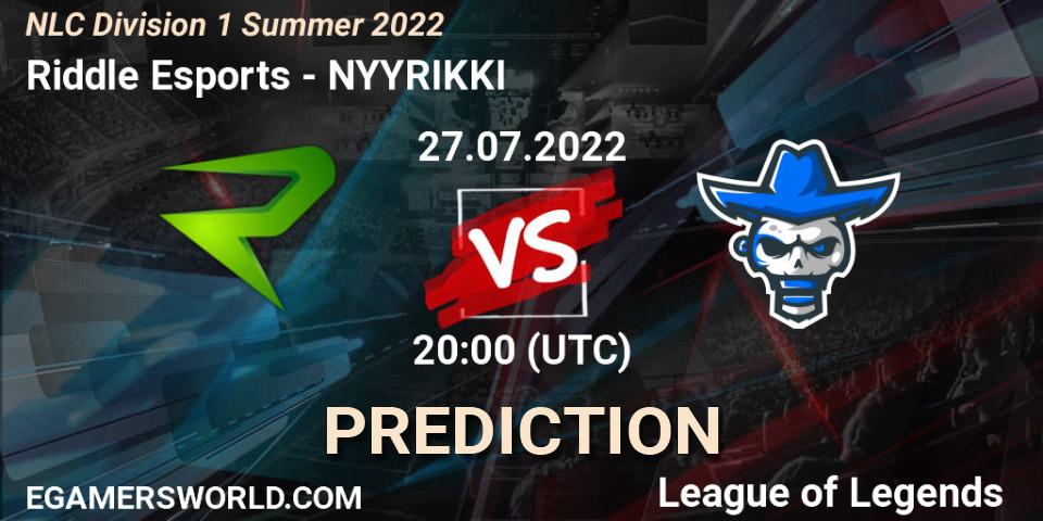 Prognose für das Spiel Riddle Esports VS NYYRIKKI. 27.07.2022 at 18:00. LoL - NLC Division 1 Summer 2022