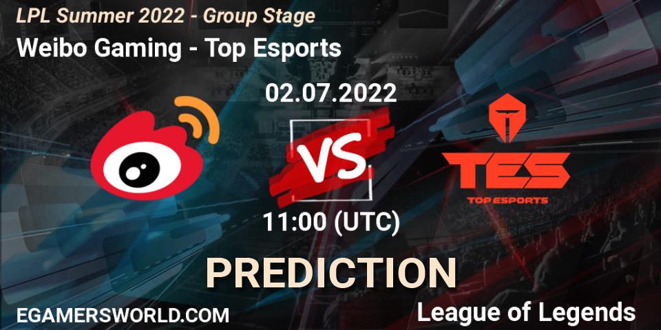 Prognose für das Spiel Weibo Gaming VS Top Esports. 02.07.2022 at 13:18. LoL - LPL Summer 2022 - Group Stage