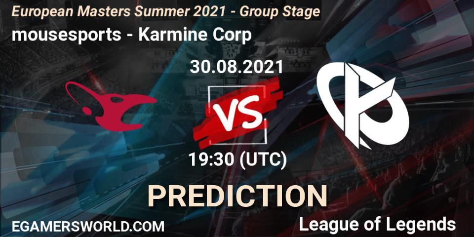 Prognose für das Spiel mousesports VS Karmine Corp. 30.08.2021 at 19:10. LoL - European Masters Summer 2021 - Group Stage