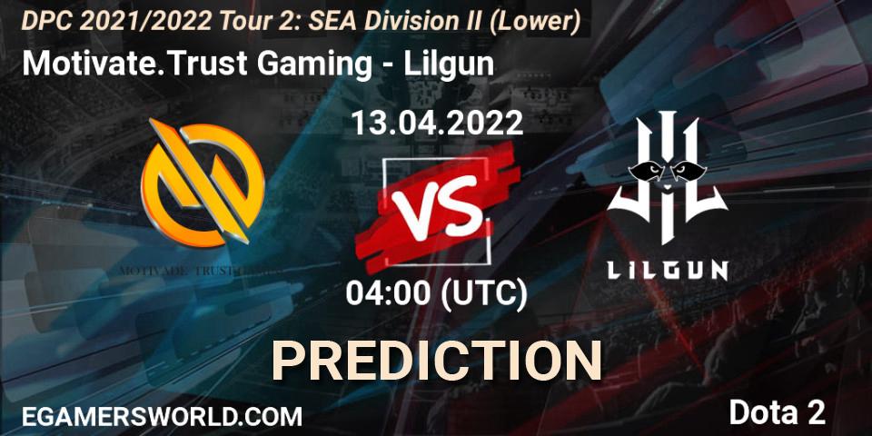 Prognose für das Spiel Motivate.Trust Gaming VS Lilgun. 13.04.2022 at 04:01. Dota 2 - DPC 2021/2022 Tour 2: SEA Division II (Lower)