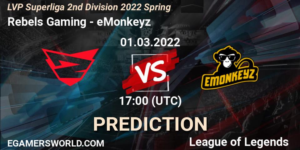 Prognose für das Spiel Rebels Gaming VS eMonkeyz. 01.03.22. LoL - LVP Superliga 2nd Division 2022 Spring