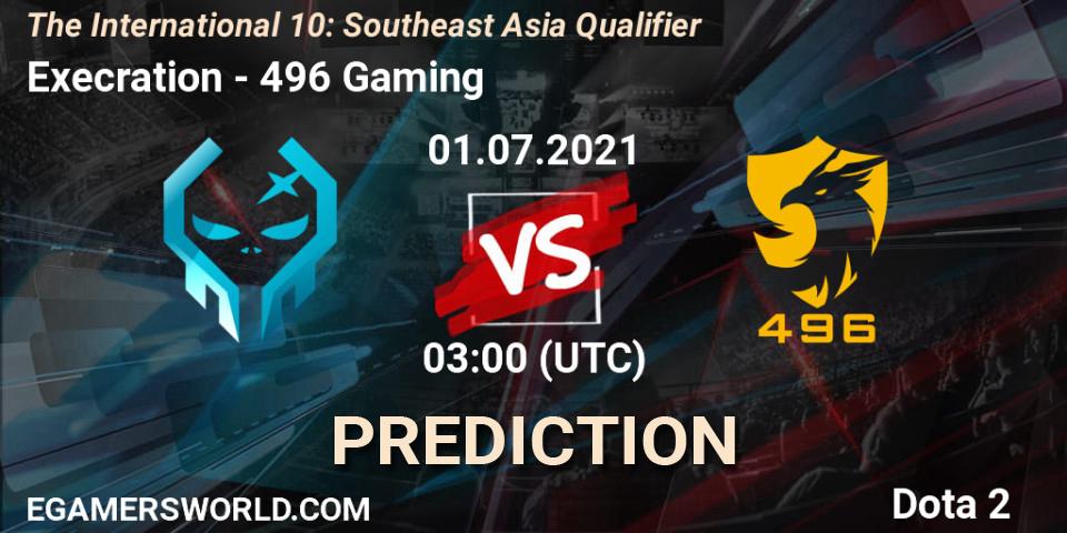 Prognose für das Spiel Execration VS 496 Gaming. 01.07.21. Dota 2 - The International 10: Southeast Asia Qualifier