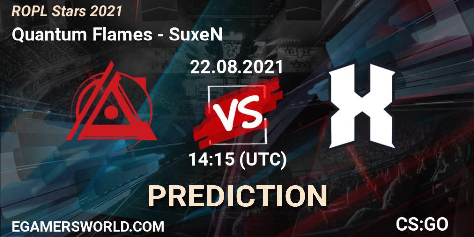 Prognose für das Spiel Quantum Flames VS SuxeN. 22.08.2021 at 14:30. Counter-Strike (CS2) - ROPL Stars 2021
