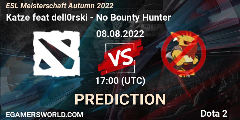 Prognose für das Spiel Katze feat dell0rski VS No Bounty Hunter. 08.08.2022 at 17:00. Dota 2 - ESL Meisterschaft Autumn 2022