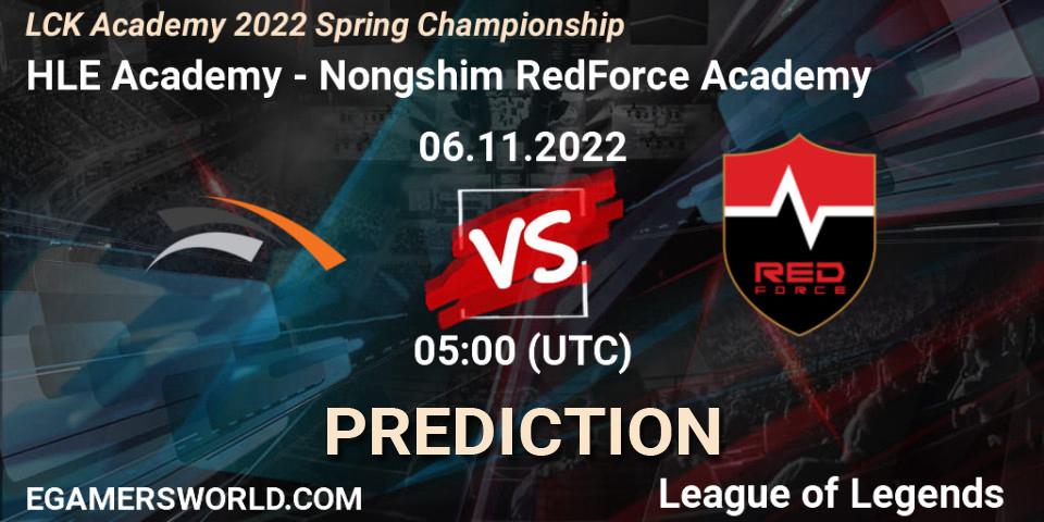 Prognose für das Spiel HLE Academy VS Nongshim RedForce Academy. 06.11.2022 at 05:00. LoL - LCK Academy 2022 Spring Championship