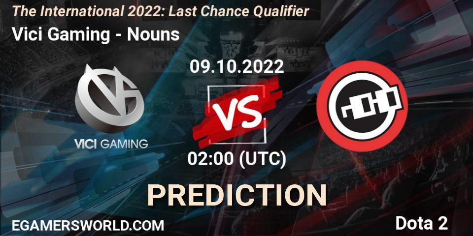 Prognose für das Spiel Vici Gaming VS Nouns. 09.10.2022 at 02:00. Dota 2 - The International 2022: Last Chance Qualifier