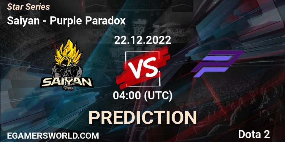 Prognose für das Spiel Saiyan VS Purple Paradox. 22.12.2022 at 04:00. Dota 2 - Star Series