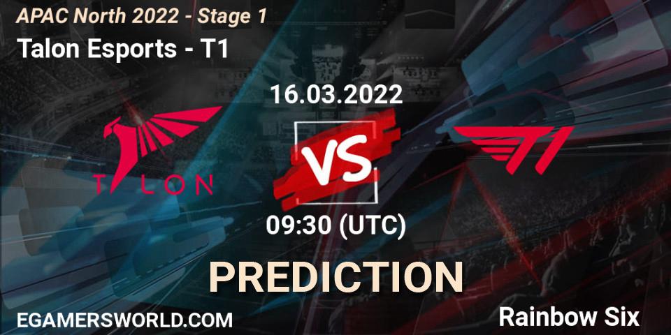 Prognose für das Spiel Talon Esports VS T1. 16.03.2022 at 09:30. Rainbow Six - APAC North 2022 - Stage 1