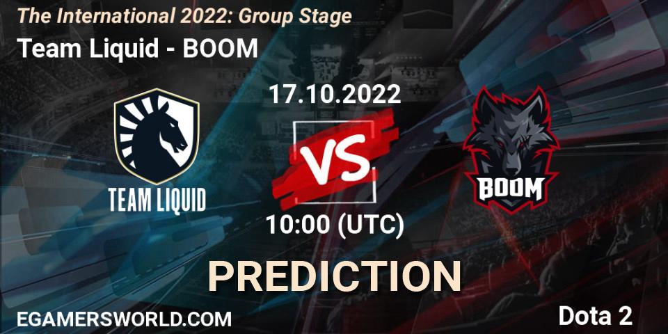 Prognose für das Spiel Team Liquid VS BOOM. 17.10.2022 at 13:35. Dota 2 - The International 2022: Group Stage