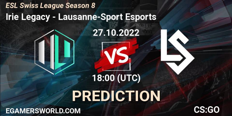 Prognose für das Spiel Irie Legacy VS Lausanne-Sport Esports. 27.10.2022 at 18:00. Counter-Strike (CS2) - ESL Swiss League Season 8