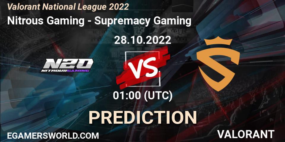 Prognose für das Spiel Nitrous Gaming VS Supremacy Gaming. 28.10.22. VALORANT - Valorant National League 2022