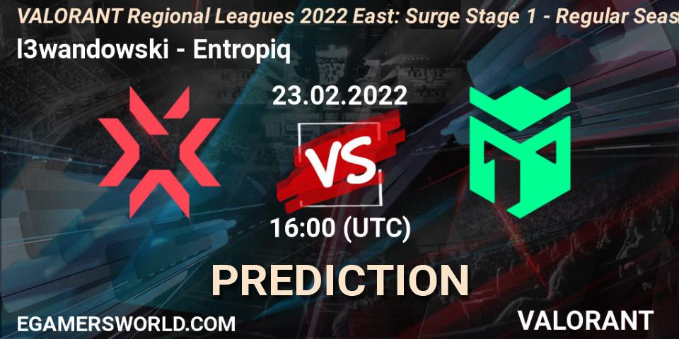 Prognose für das Spiel l3wandowski VS Entropiq. 23.02.2022 at 16:00. VALORANT - VALORANT Regional Leagues 2022 East: Surge Stage 1 - Regular Season