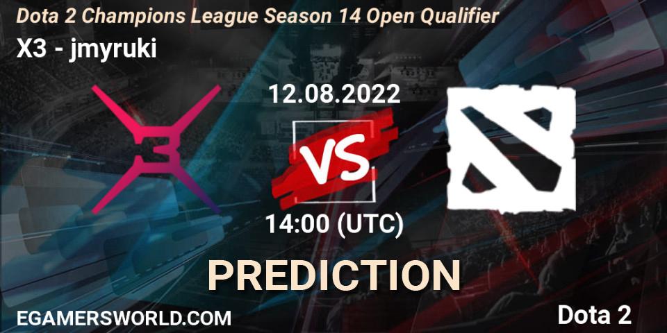 Prognose für das Spiel X3 VS jmyruki. 12.08.2022 at 13:00. Dota 2 - Dota 2 Champions League Season 14 Open Qualifier