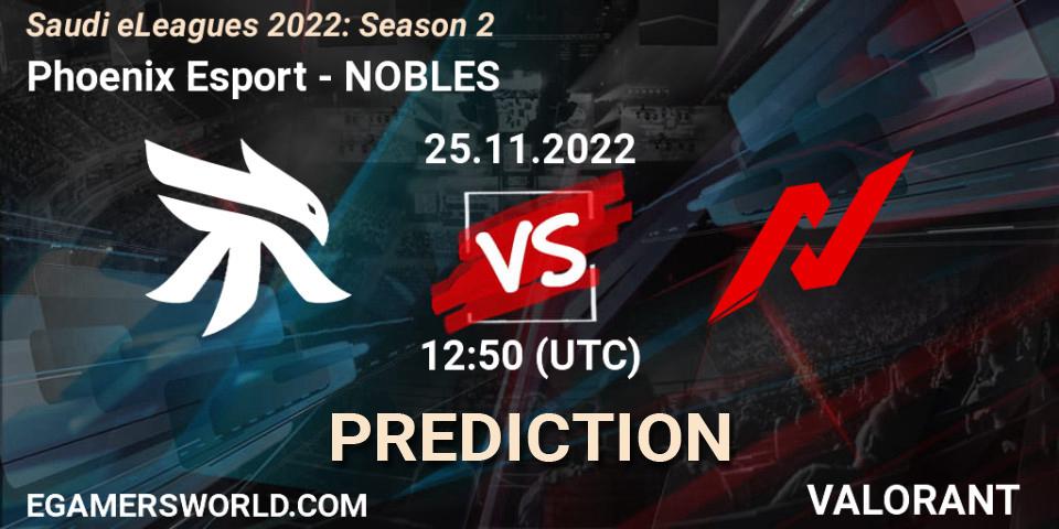 Prognose für das Spiel Phoenix Esport VS NOBLES. 25.11.2022 at 12:50. VALORANT - Saudi eLeagues 2022: Season 2
