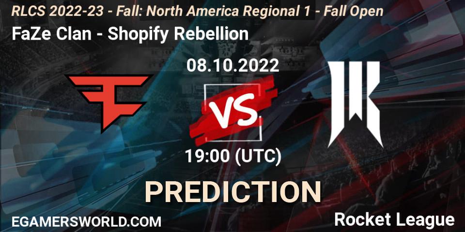 Prognose für das Spiel FaZe Clan VS Shopify Rebellion. 08.10.2022 at 18:50. Rocket League - RLCS 2022-23 - Fall: North America Regional 1 - Fall Open