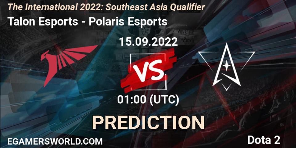 Prognose für das Spiel Talon Esports VS Polaris Esports. 15.09.2022 at 00:59. Dota 2 - The International 2022: Southeast Asia Qualifier