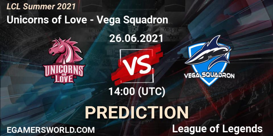 Prognose für das Spiel Unicorns of Love VS Vega Squadron. 27.06.21. LoL - LCL Summer 2021