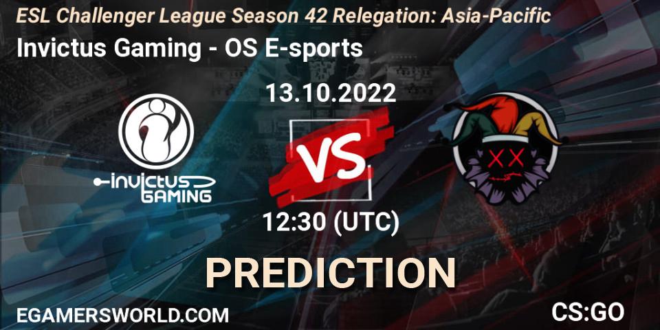 Prognose für das Spiel Invictus Gaming VS OS E-sports. 13.10.2022 at 12:30. Counter-Strike (CS2) - ESL Challenger League Season 42 Relegation: Asia-Pacific