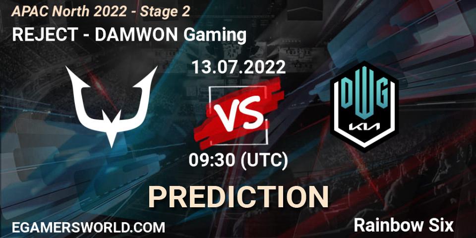 Prognose für das Spiel REJECT VS DAMWON Gaming. 13.07.2022 at 09:30. Rainbow Six - APAC North 2022 - Stage 2
