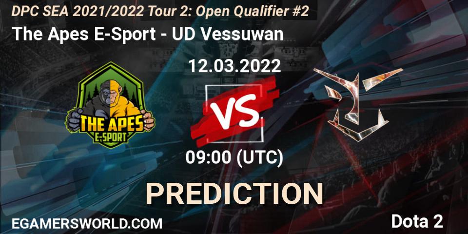 Prognose für das Spiel The Apes E-Sport VS UD Vessuwan. 12.03.2022 at 08:53. Dota 2 - DPC SEA 2021/2022 Tour 2: Open Qualifier #2