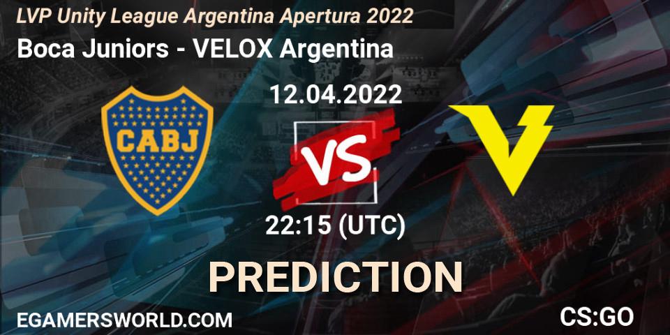 Prognose für das Spiel Boca Juniors VS VELOX Argentina. 12.04.2022 at 22:40. Counter-Strike (CS2) - LVP Unity League Argentina Apertura 2022