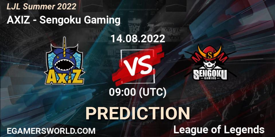Prognose für das Spiel AXIZ VS Sengoku Gaming. 14.08.2022 at 09:00. LoL - LJL Summer 2022