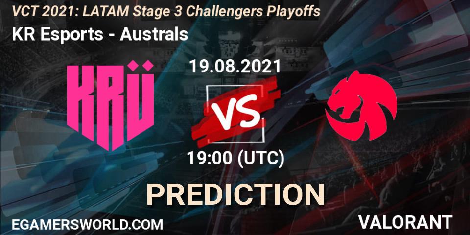 Prognose für das Spiel KRÜ Esports VS Australs. 19.08.2021 at 19:00. VALORANT - VCT 2021: LATAM Stage 3 Challengers Playoffs