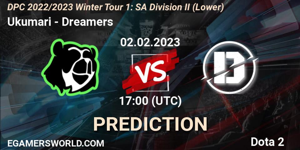 Prognose für das Spiel Ukumari VS Dreamers. 02.02.23. Dota 2 - DPC 2022/2023 Winter Tour 1: SA Division II (Lower)