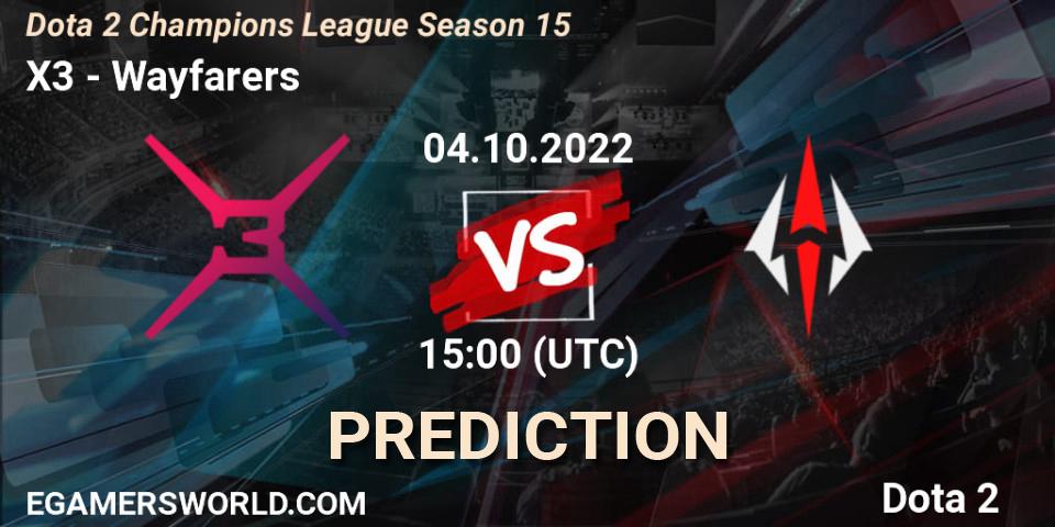 Prognose für das Spiel X3 VS Wayfarers. 04.10.2022 at 15:00. Dota 2 - Dota 2 Champions League Season 15