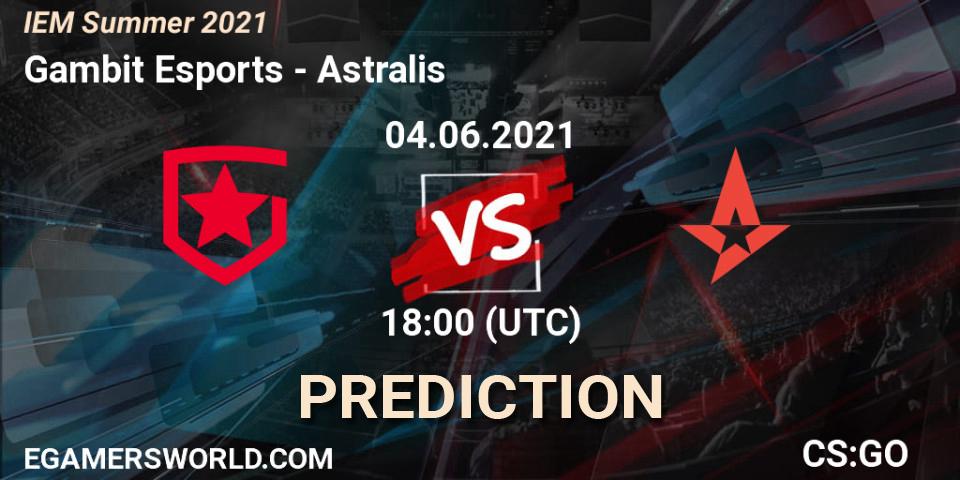 Prognose für das Spiel Gambit Esports VS Astralis. 04.06.2021 at 19:10. Counter-Strike (CS2) - IEM Summer 2021