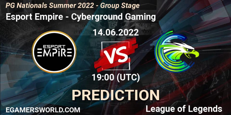Prognose für das Spiel Esport Empire VS Cyberground Gaming. 14.06.2022 at 19:00. LoL - PG Nationals Summer 2022 - Group Stage