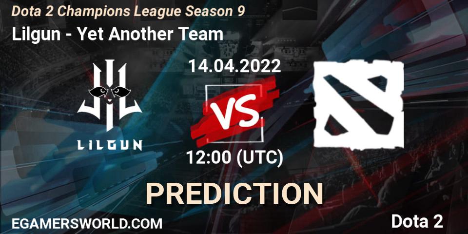 Prognose für das Spiel Lilgun VS Yet Another Team. 14.04.2022 at 12:00. Dota 2 - Dota 2 Champions League Season 9