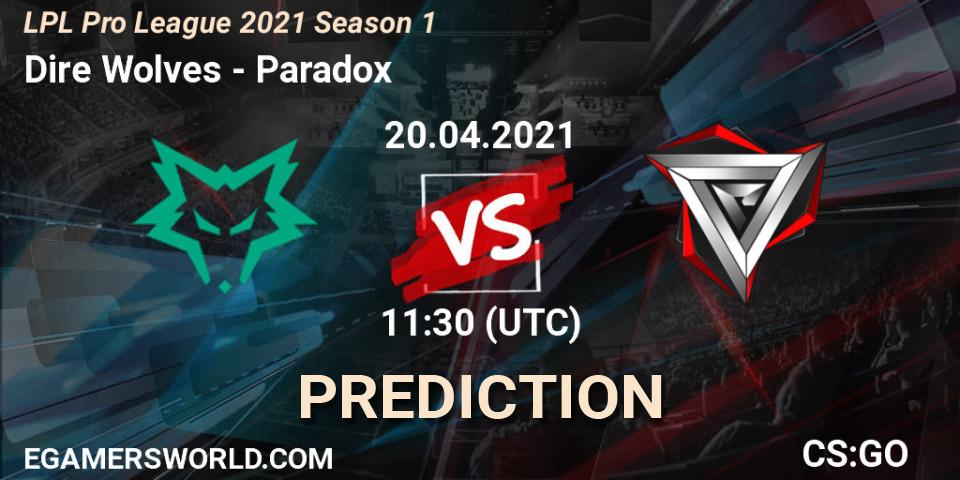 Prognose für das Spiel Dire Wolves VS Paradox. 20.04.2021 at 11:00. Counter-Strike (CS2) - LPL Pro League 2021 Season 1