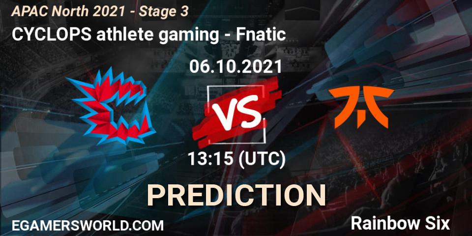 Prognose für das Spiel CYCLOPS athlete gaming VS Fnatic. 06.10.2021 at 13:15. Rainbow Six - APAC North 2021 - Stage 3