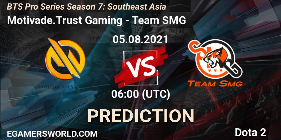 Prognose für das Spiel Motivade.Trust Gaming VS Team SMG. 05.08.2021 at 06:00. Dota 2 - BTS Pro Series Season 7: Southeast Asia